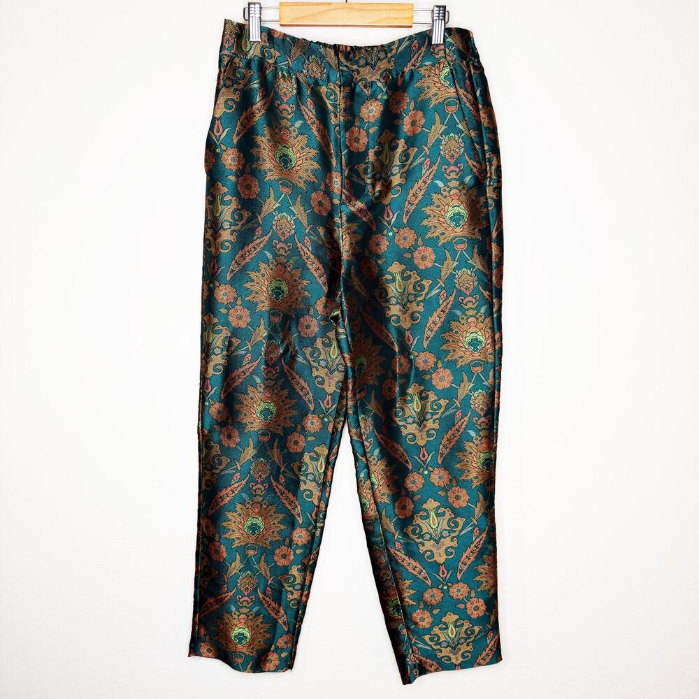 Anthropologie Maeve Melyssa Jacquard Jade Gold Metallic Paisley Trouser Pants XS - Picture 16 of 16